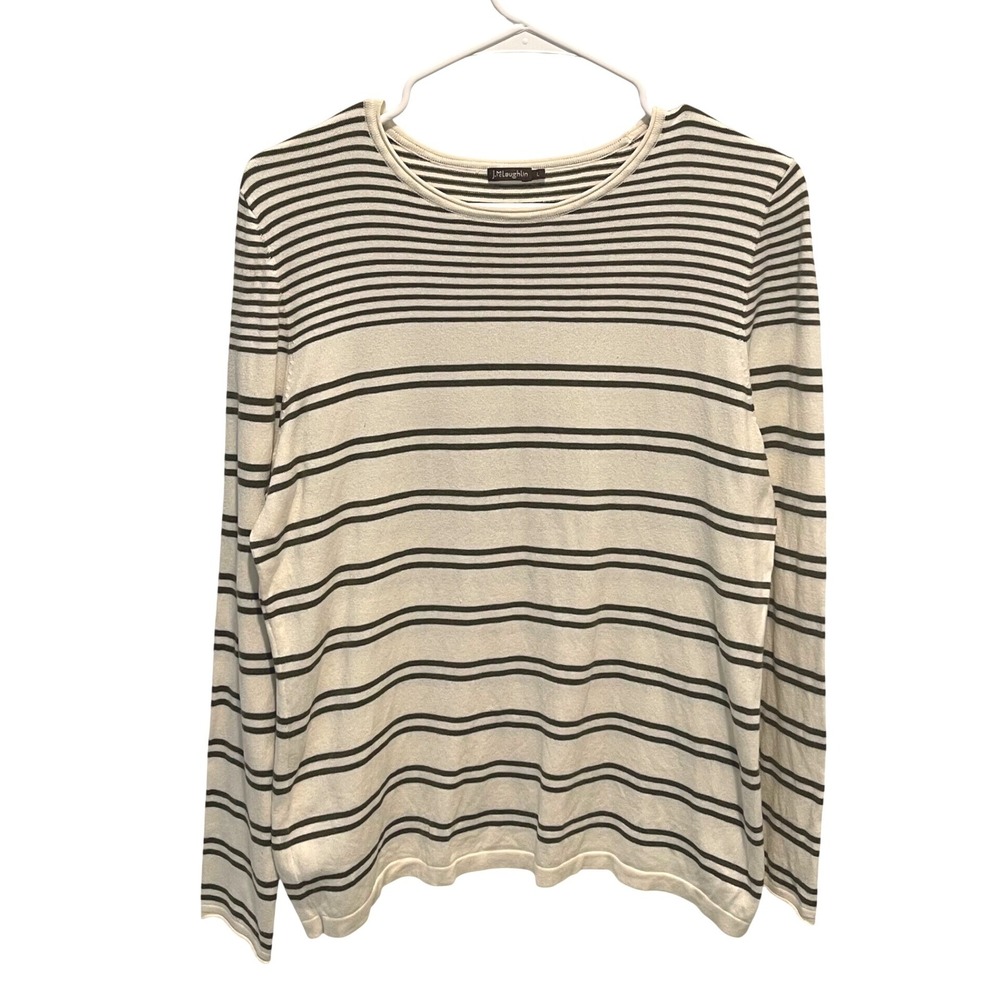 J.McLaughlin Stripe Sweater Women L Ivory Green Preppy Coastal Cotton Modal Knit